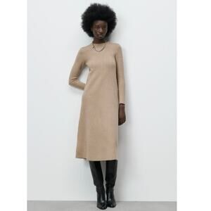 NEW Zara Women's Beige Knit Round Neck Long Sleeve Maxi Sweater Dress Size S